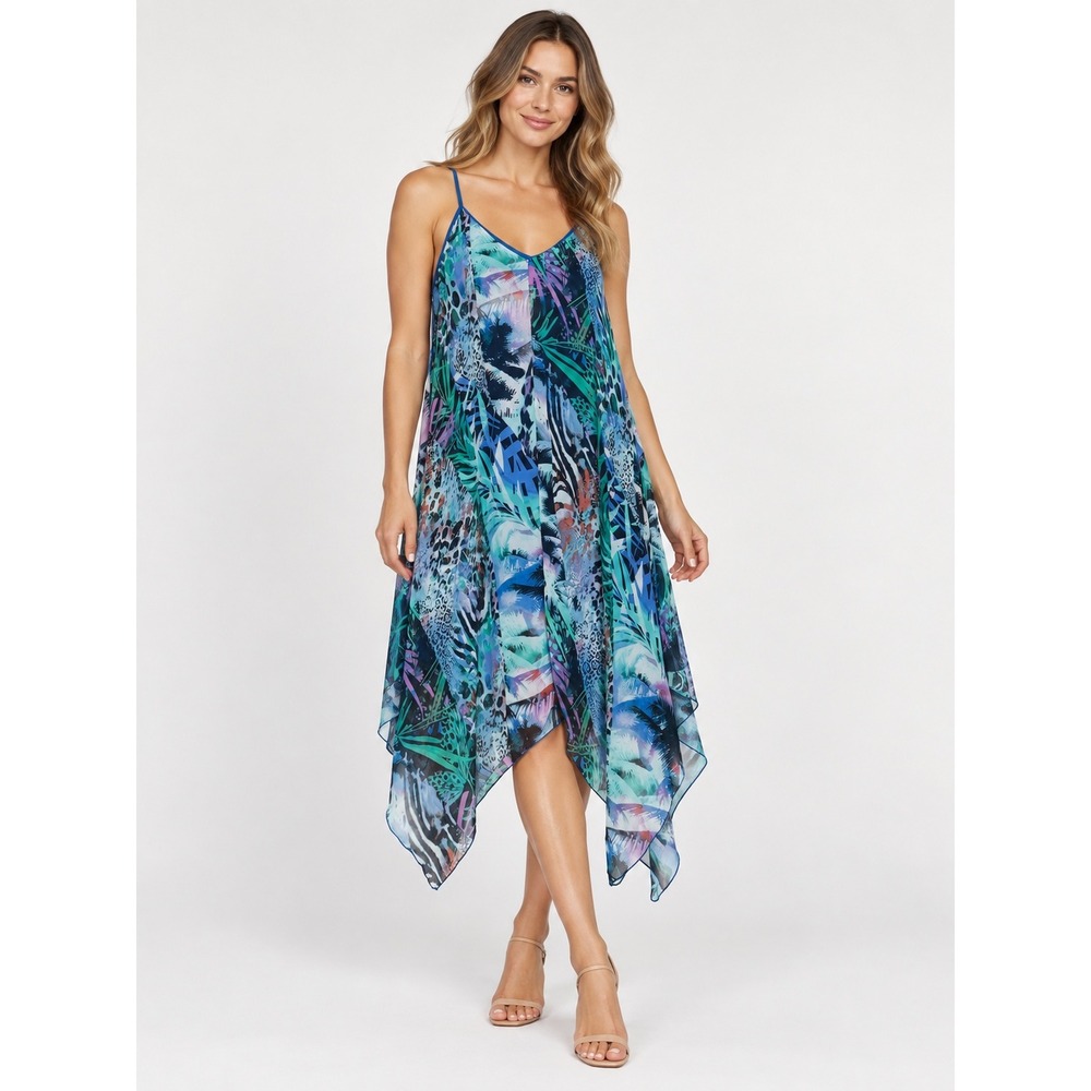 Cupio Womens Small Blue Tropical Animal Print Handkerchief Hem V-Neck Dress